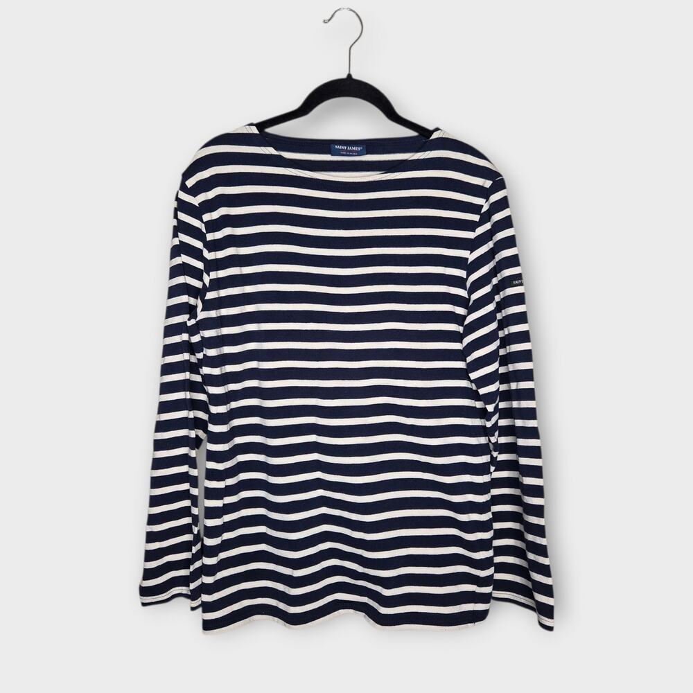Saint James Navy Breton Stripe Long Sleeve Boat Neck Top Cotton Women's Sm/Med